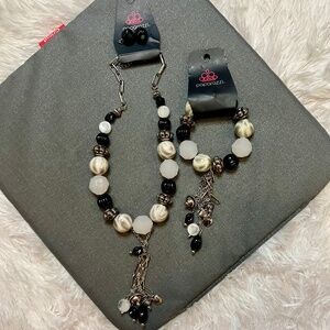 New Paparazzi Silver White Black Beaded Necklace Earring and Bracelet Set